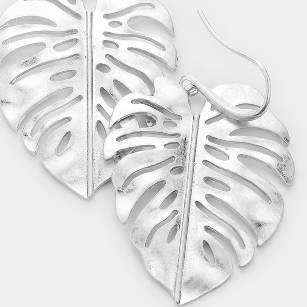 Metal Silver Tropical Leaf Dangle Earrings Womans Drop Fashion Jewelry - Picture 2 of 2